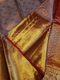 2G Pure Kanjivaram Silk Saree in Grey with rustic red | Silkmark Certified