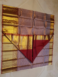 2G Pure Kanjivaram Silk Saree in Grey with rustic red | Silkmark Certified