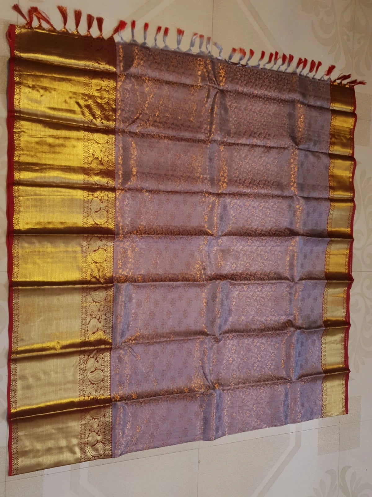 2G Pure Kanjivaram Silk Saree in Grey with rustic red | Silkmark Certified