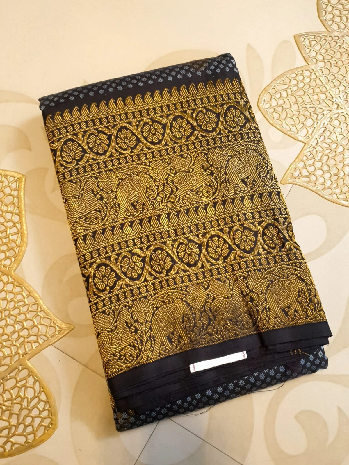 2G Pure Kanjivaram Silk Saree in Midnight Blue with Black & Rich Gold Zari Elephant Border and Traditional Buttas | Silkmark Certified