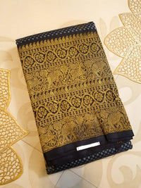 2G Pure Kanjivaram Silk Saree in Midnight Blue with Black & Rich Gold Zari Elephant Border and Traditional Buttas | Silkmark Certified