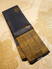 2G Pure Kanjivaram Silk Saree in Midnight Blue with Black & Rich Gold Zari Elephant Border and Traditional Buttas | Silkmark Certified
