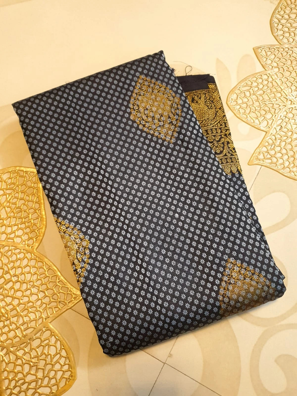 2G Pure Kanjivaram Silk Saree in Midnight Blue with Black & Rich Gold Zari Elephant Border and Traditional Buttas | Silkmark Certified