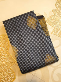 2G Pure Kanjivaram Silk Saree in Midnight Blue with Black & Rich Gold Zari Elephant Border and Traditional Buttas | Silkmark Certified