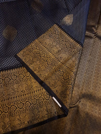 2G Pure Kanjivaram Silk Saree in Midnight Blue with Black & Rich Gold Zari Elephant Border and Traditional Buttas | Silkmark Certified
