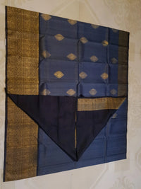 2G Pure Kanjivaram Silk Saree in Midnight Blue with Black & Rich Gold Zari Elephant Border and Traditional Buttas | Silkmark Certified