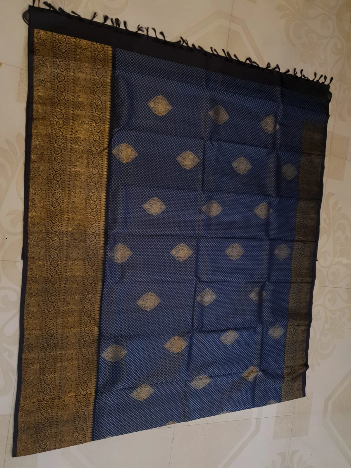 2G Pure Kanjivaram Silk Saree in Midnight Blue with Black & Rich Gold Zari Elephant Border and Traditional Buttas | Silkmark Certified