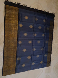2G Pure Kanjivaram Silk Saree in Midnight Blue with Black & Rich Gold Zari Elephant Border and Traditional Buttas | Silkmark Certified