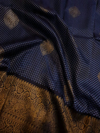 2G Pure Kanjivaram Silk Saree in Midnight Blue with Black & Rich Gold Zari Elephant Border and Traditional Buttas | Silkmark Certified