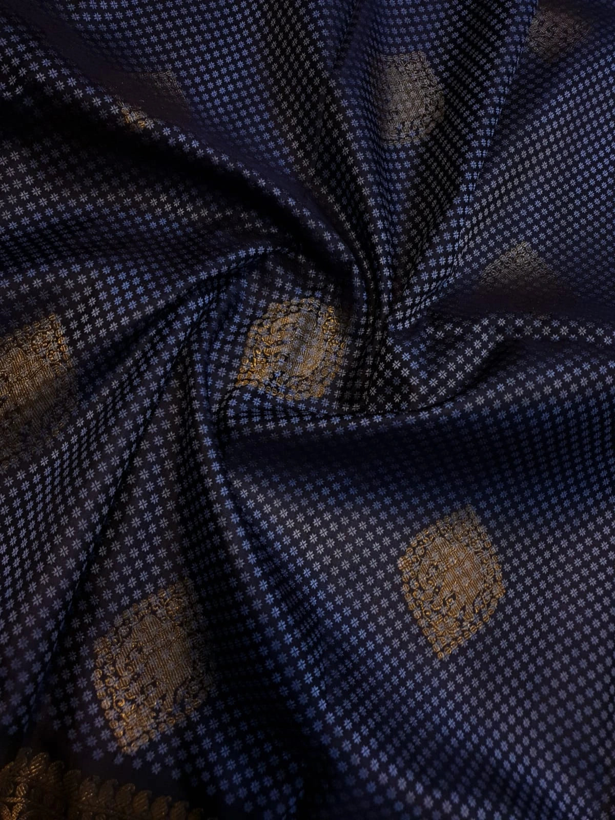 2G Pure Kanjivaram Silk Saree in Midnight Blue with Black & Rich Gold Zari Elephant Border and Traditional Buttas | Silkmark Certified