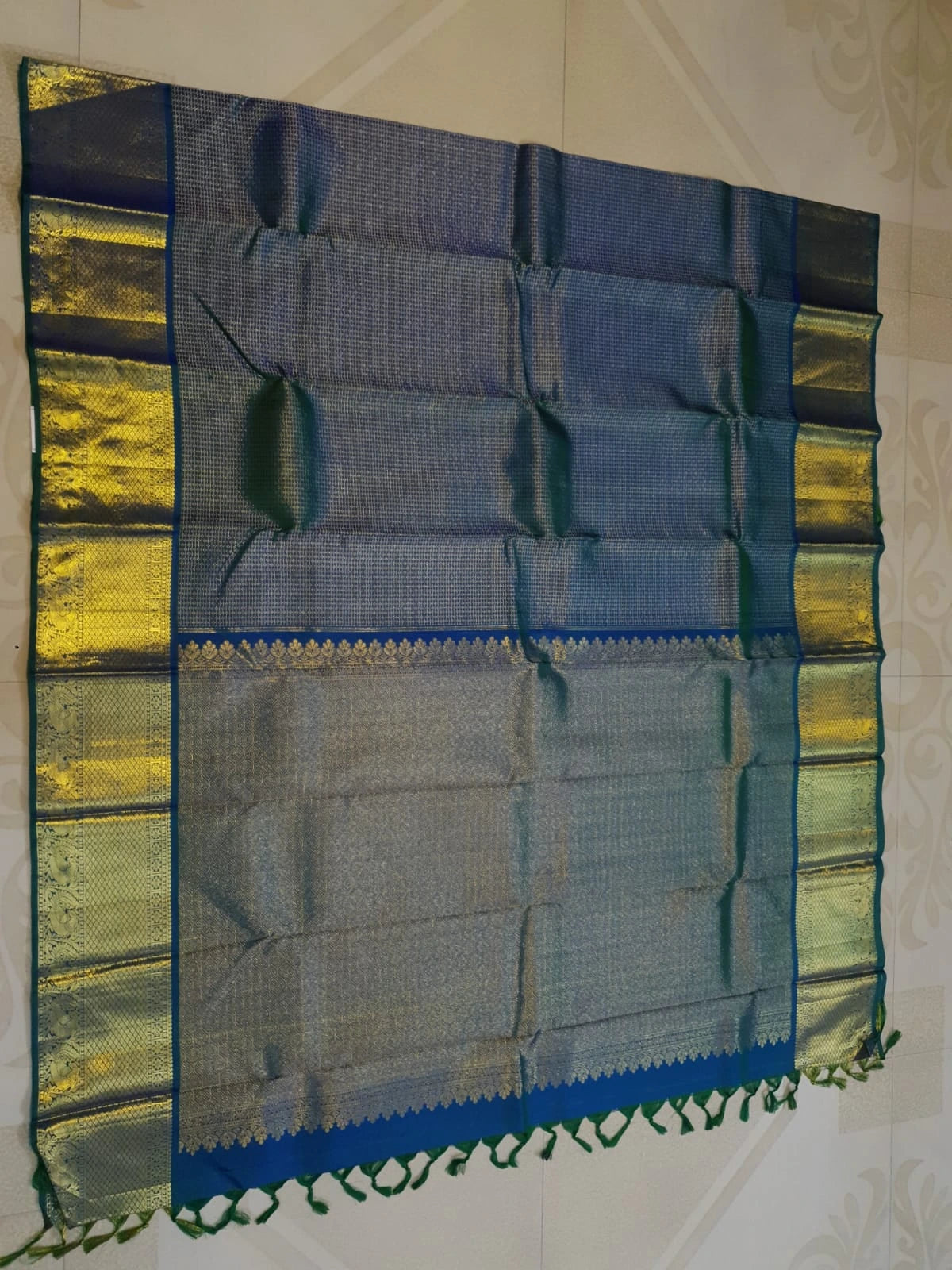 2G Pure Kanjivaram Silk Saree in Deep Peacock Blue | Silkmark Certified