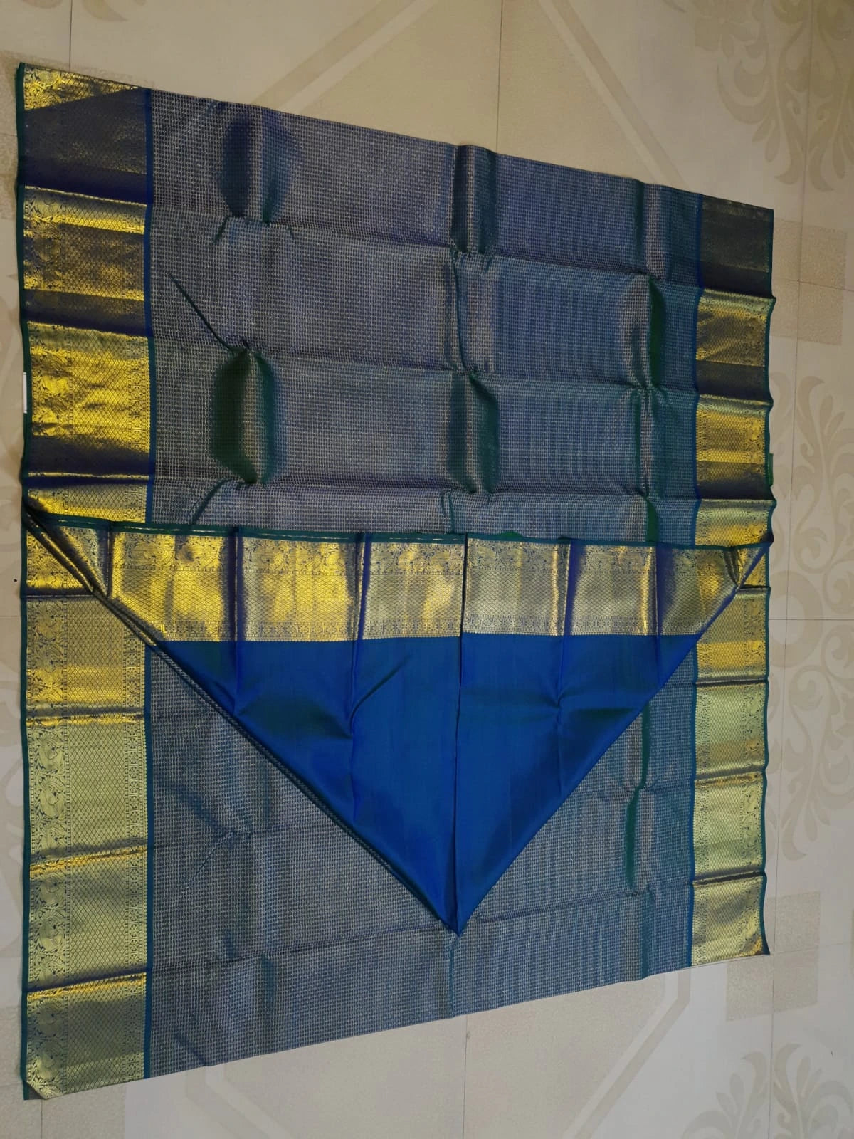 2G Pure Kanjivaram Silk Saree in Deep Peacock Blue | Silkmark Certified