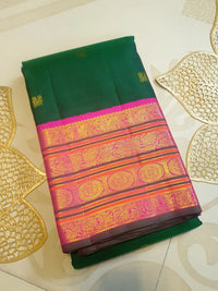 2G Pure Korvai Kanjivaram  Silk Saree in Bottle Green with Peacock Buttas & Pink Gold Elephant Zari Border | Silkmark Certified