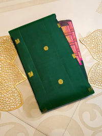 2G Pure Korvai Kanjivaram  Silk Saree in Bottle Green with Peacock Buttas & Pink Gold Elephant Zari Border | Silkmark Certified