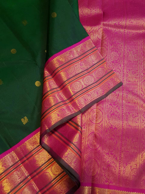 2G Pure Korvai Kanjivaram  Silk Saree in Bottle Green with Peacock Buttas & Pink Gold Elephant Zari Border | Silkmark Certified