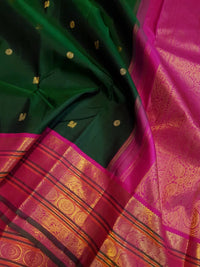 2G Pure Korvai Kanjivaram  Silk Saree in Bottle Green with Peacock Buttas & Pink Gold Elephant Zari Border | Silkmark Certified