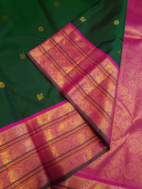 2G Pure Korvai Kanjivaram  Silk Saree in Bottle Green with Peacock Buttas & Pink Gold Elephant Zari Border | Silkmark Certified