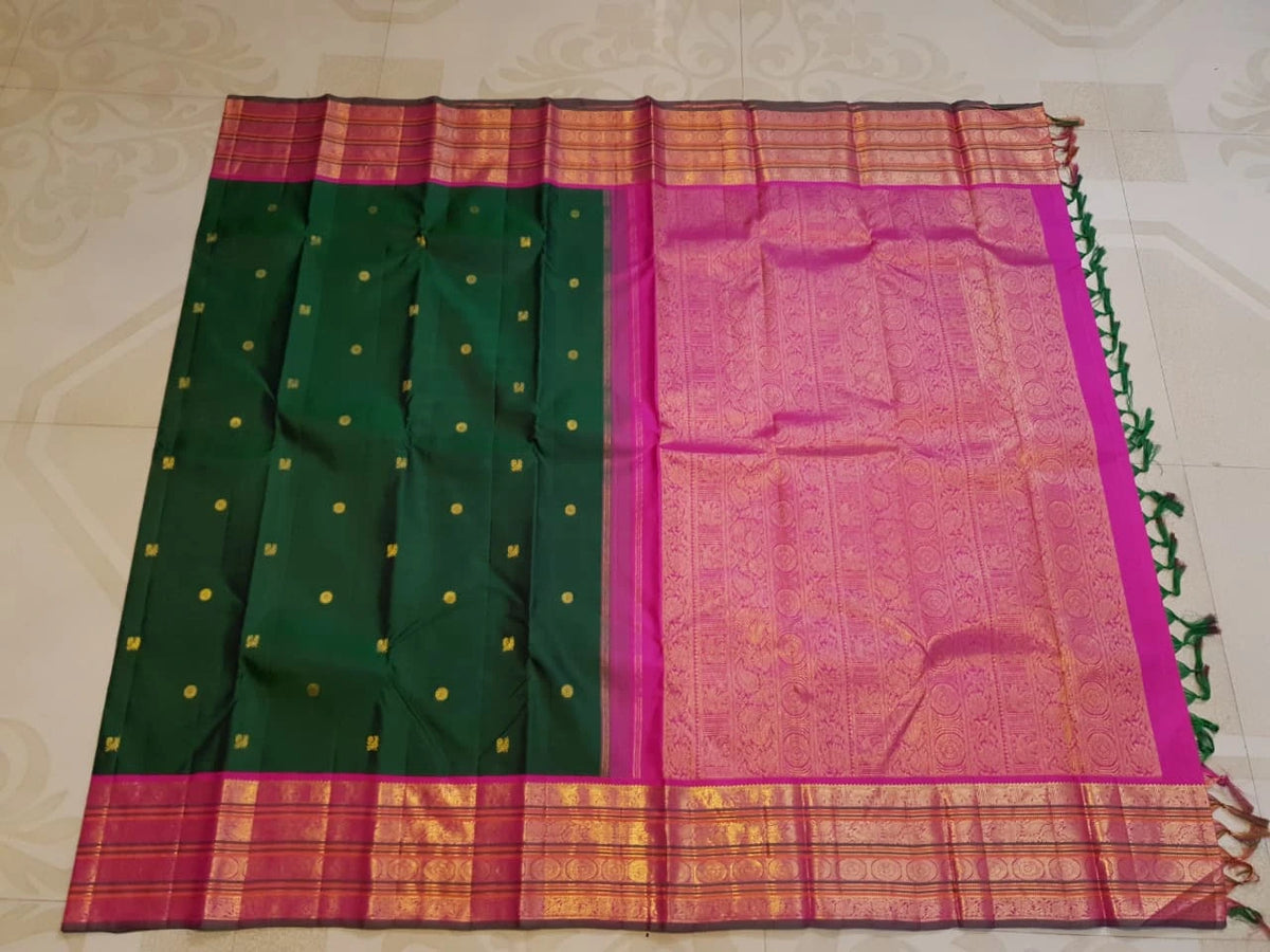 2G Pure Korvai Kanjivaram  Silk Saree in Bottle Green with Peacock Buttas & Pink Gold Elephant Zari Border | Silkmark Certified
