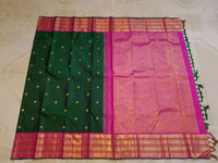 2G Pure Korvai Kanjivaram  Silk Saree in Bottle Green with Peacock Buttas & Pink Gold Elephant Zari Border | Silkmark Certified