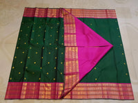 2G Pure Korvai Kanjivaram  Silk Saree in Bottle Green with Peacock Buttas & Pink Gold Elephant Zari Border | Silkmark Certified