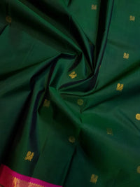 2G Pure Korvai Kanjivaram  Silk Saree in Bottle Green with Peacock Buttas & Pink Gold Elephant Zari Border | Silkmark Certified