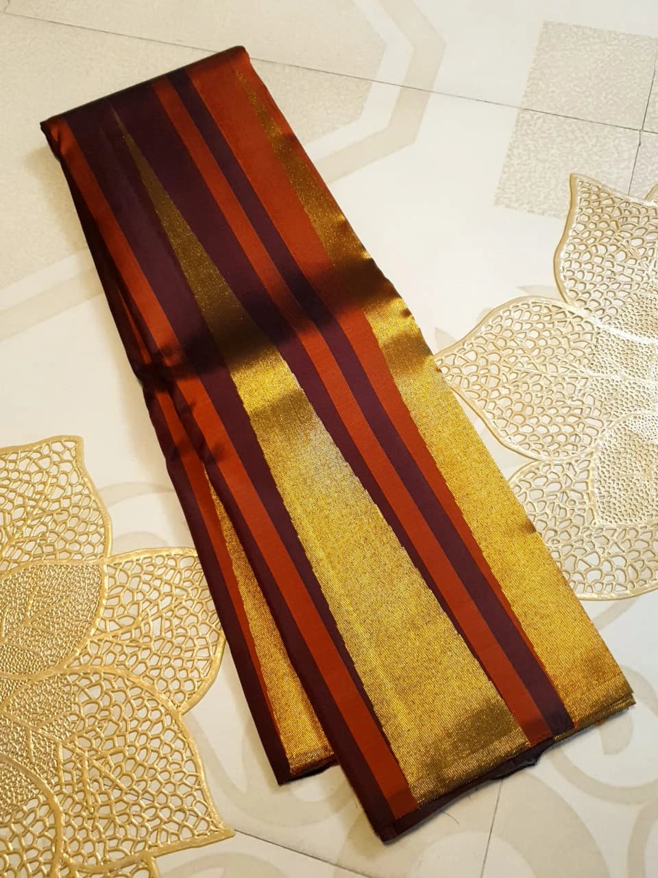 2G Pure Kanjivaram Silk Saree in Rust Orange & Brown | Golden Zari