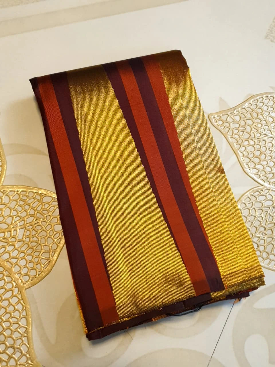 2G Pure Kanjivaram Silk Saree in Rust Orange & Brown | Golden Zari