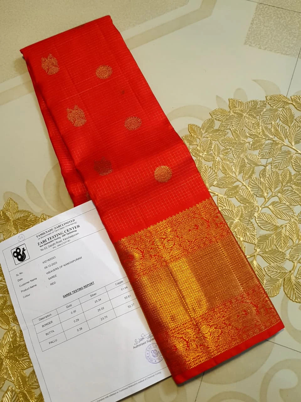 4G Pure Zari Kanjivaram Silk Saree in Bright Red with Gold Peacock Buttas & Rich Peacock Zari Border | Silkmark Certified