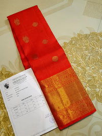 4G Pure Zari Kanjivaram Silk Saree in Bright Red with Gold Peacock Buttas & Rich Peacock Zari Border | Silkmark Certified