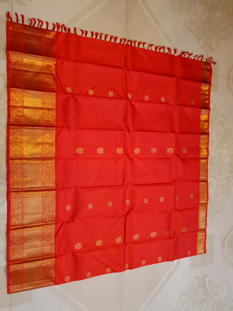 4G Pure Zari Kanjivaram Silk Saree in Bright Red with Gold Peacock Buttas & Rich Peacock Zari Border | Silkmark Certified