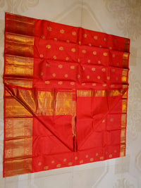 4G Pure Zari Kanjivaram Silk Saree in Bright Red with Gold Peacock Buttas & Rich Peacock Zari Border | Silkmark Certified