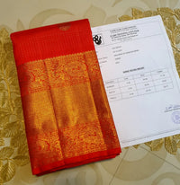 4G Pure Zari Kanjivaram Silk Saree in Bright Red with Gold Peacock Buttas & Rich Peacock Zari Border | Silkmark Certified