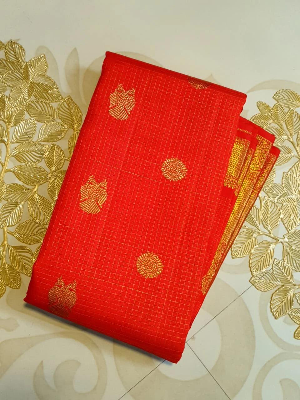 4G Pure Zari Kanjivaram Silk Saree in Bright Red with Gold Peacock Buttas & Rich Peacock Zari Border | Silkmark Certified