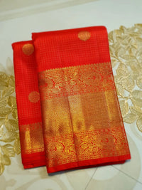 4G Pure Zari Kanjivaram Silk Saree in Bright Red with Gold Peacock Buttas & Rich Peacock Zari Border | Silkmark Certified