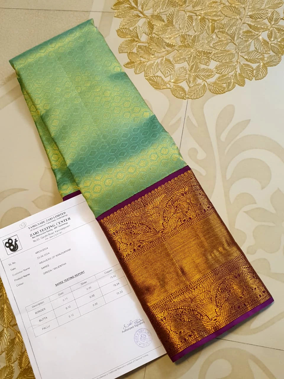 2G Pure Zari Kanjivaram Silk Saree in Pastel Green with Rich Antique Gold Zari Purple Border | Silkmark Certified