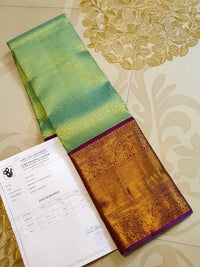 2G Pure Zari Kanjivaram Silk Saree in Pastel Green with Rich Antique Gold Zari Purple Border | Silkmark Certified