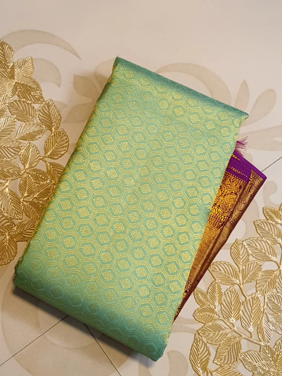 2G Pure Zari Kanjivaram Silk Saree in Pastel Green with Rich Antique Gold Zari Purple Border | Silkmark Certified