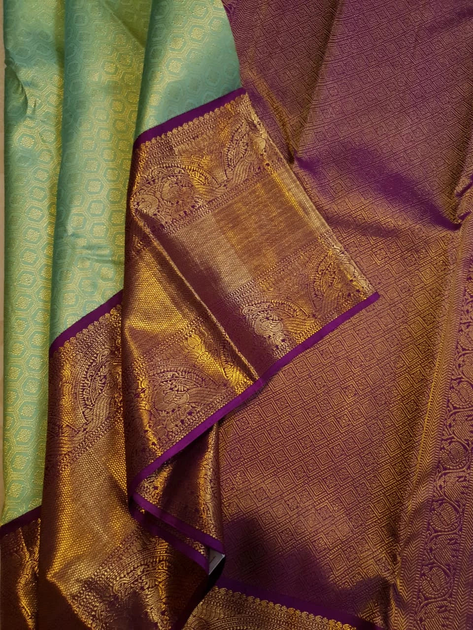 2G Pure Zari Kanjivaram Silk Saree in Pastel Green with Rich Antique Gold Zari Purple Border | Silkmark Certified