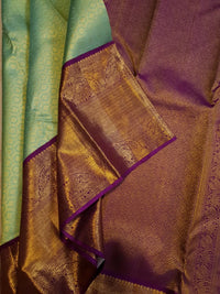 2G Pure Zari Kanjivaram Silk Saree in Pastel Green with Rich Antique Gold Zari Purple Border | Silkmark Certified