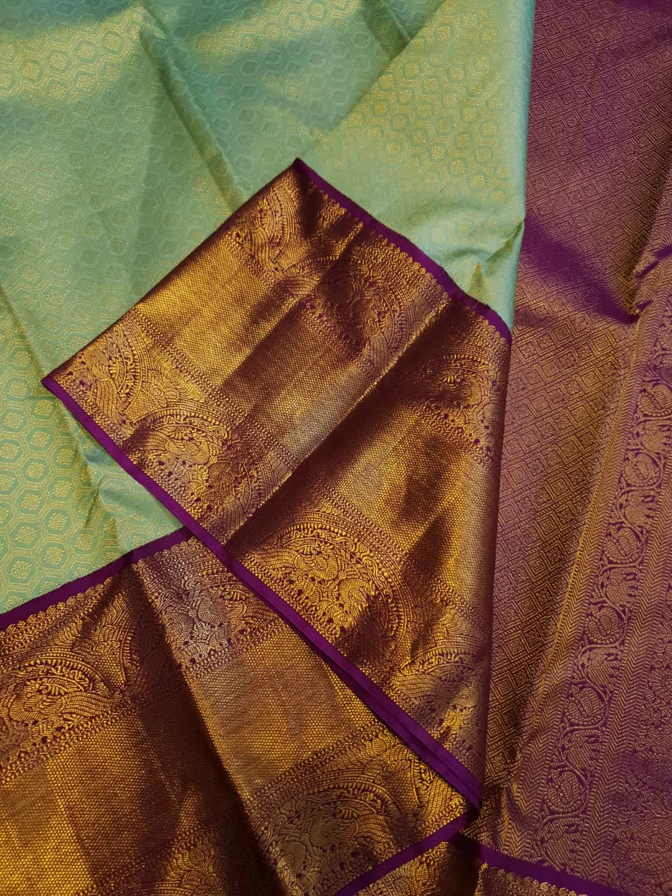2G Pure Zari Kanjivaram Silk Saree in Pastel Green with Rich Antique Gold Zari Purple Border | Silkmark Certified