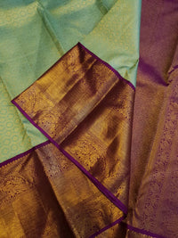 2G Pure Zari Kanjivaram Silk Saree in Pastel Green with Rich Antique Gold Zari Purple Border | Silkmark Certified