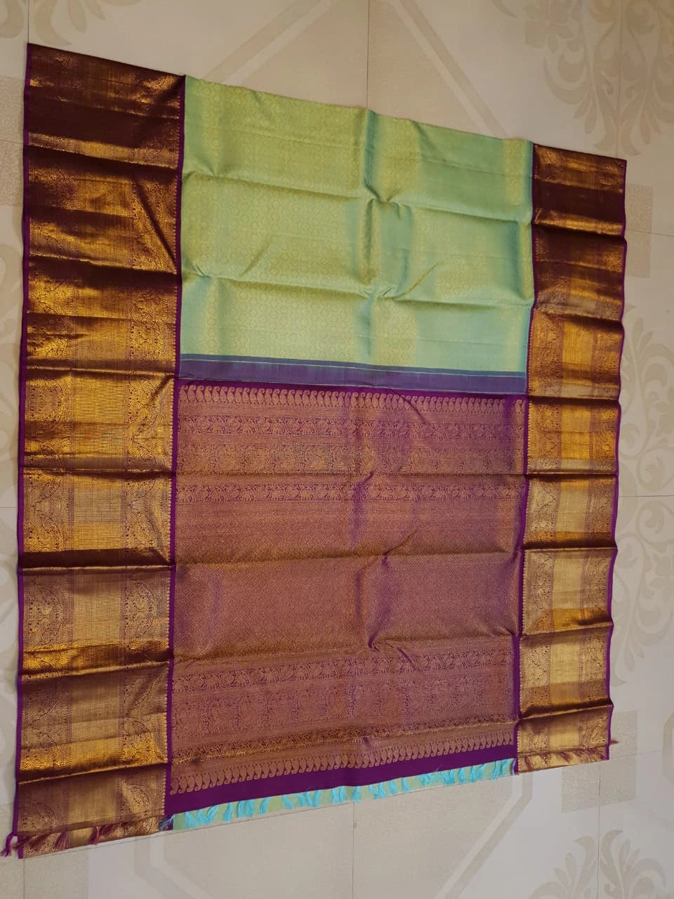 2G Pure Zari Kanjivaram Silk Saree in Pastel Green with Rich Antique Gold Zari Purple Border | Silkmark Certified
