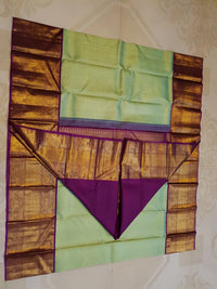 2G Pure Zari Kanjivaram Silk Saree in Pastel Green with Rich Antique Gold Zari Purple Border | Silkmark Certified