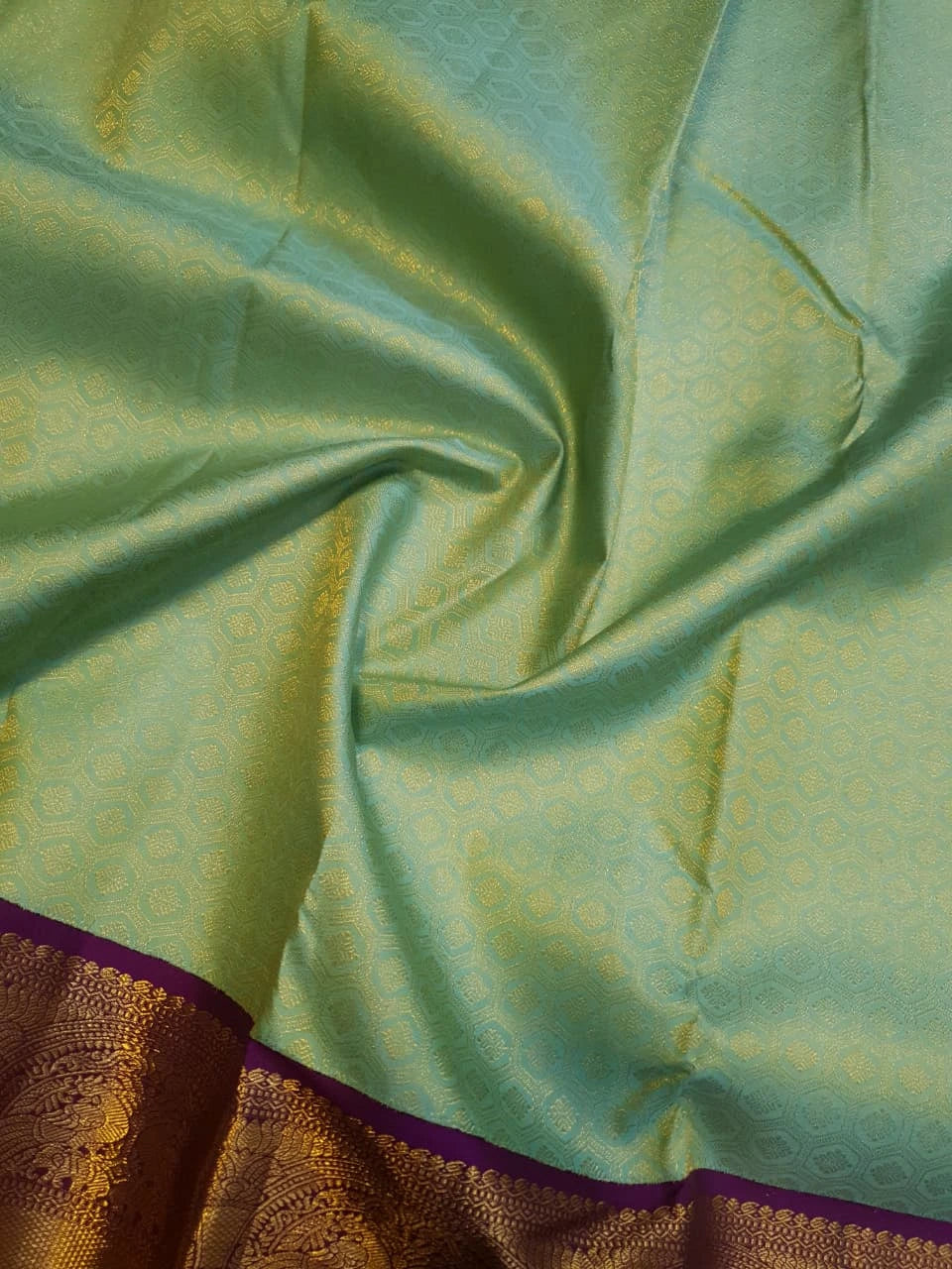 2G Pure Zari Kanjivaram Silk Saree in Pastel Green with Rich Antique Gold Zari Purple Border | Silkmark Certified