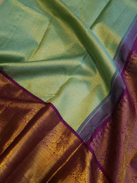 2G Pure Zari Kanjivaram Silk Saree in Pastel Green with Rich Antique Gold Zari Purple Border | Silkmark Certified