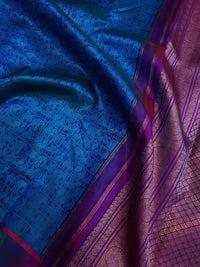 3G Pure Zari Kanjivaram Silk Saree in Ananda Blue with Traditional Elephant & Peacock Zari Motifs and Purple Border | Silkmark Certified