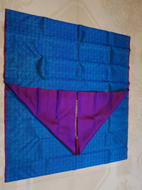3G Pure Zari Kanjivaram Silk Saree in Ananda Blue with Traditional Elephant & Peacock Zari Motifs and Purple Border | Silkmark Certified