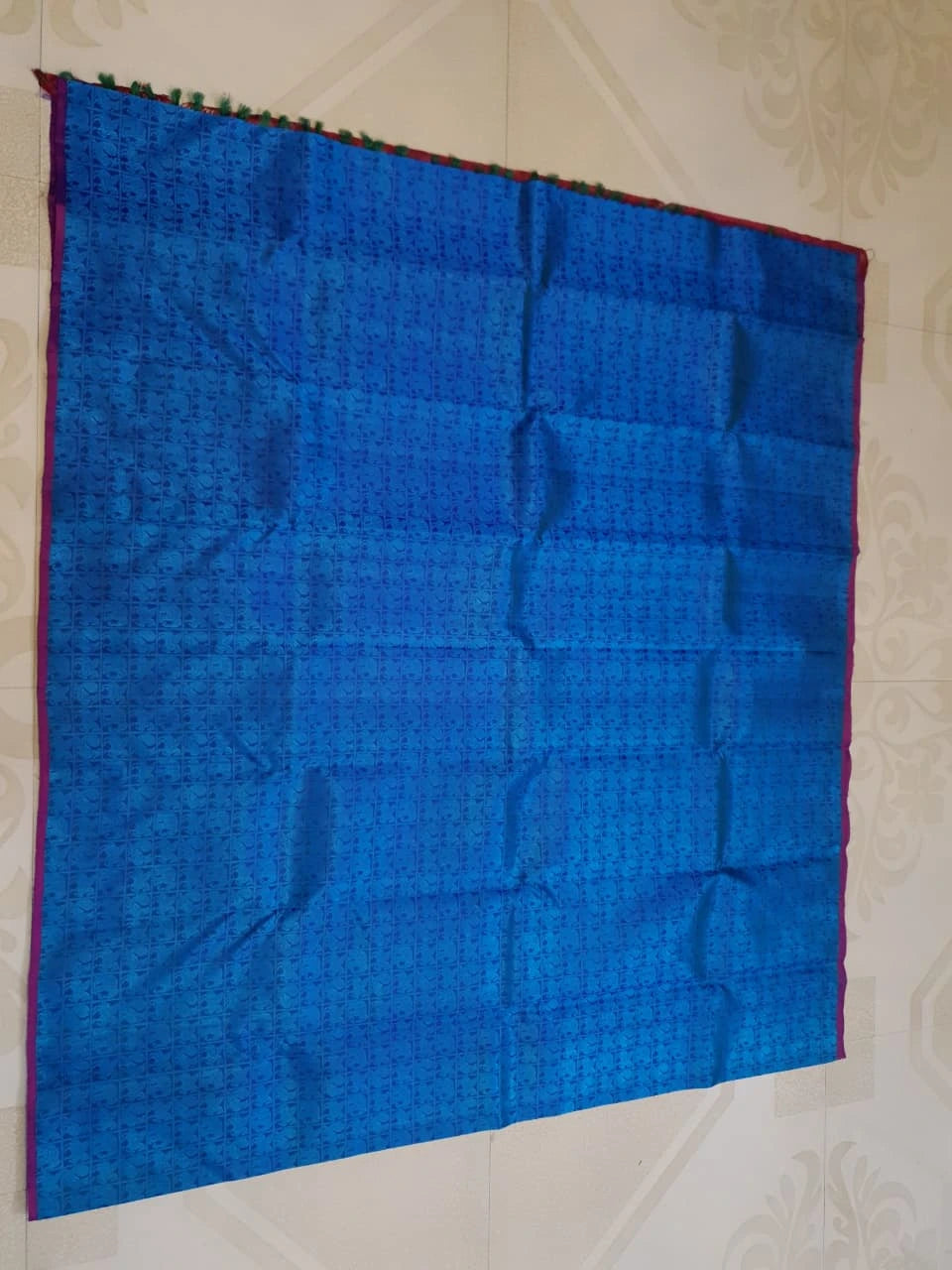 3G Pure Zari Kanjivaram Silk Saree in Ananda Blue with Traditional Elephant & Peacock Zari Motifs and Purple Border | Silkmark Certified