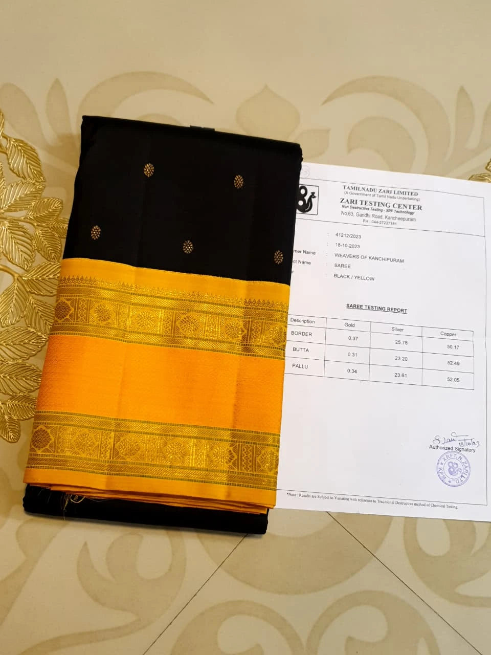 3G Pure Zari Kanjivaram Silk Saree in Black with Mustard Yellow Zari Border & Traditional Gold Zari Buttas | Silkmark Certified