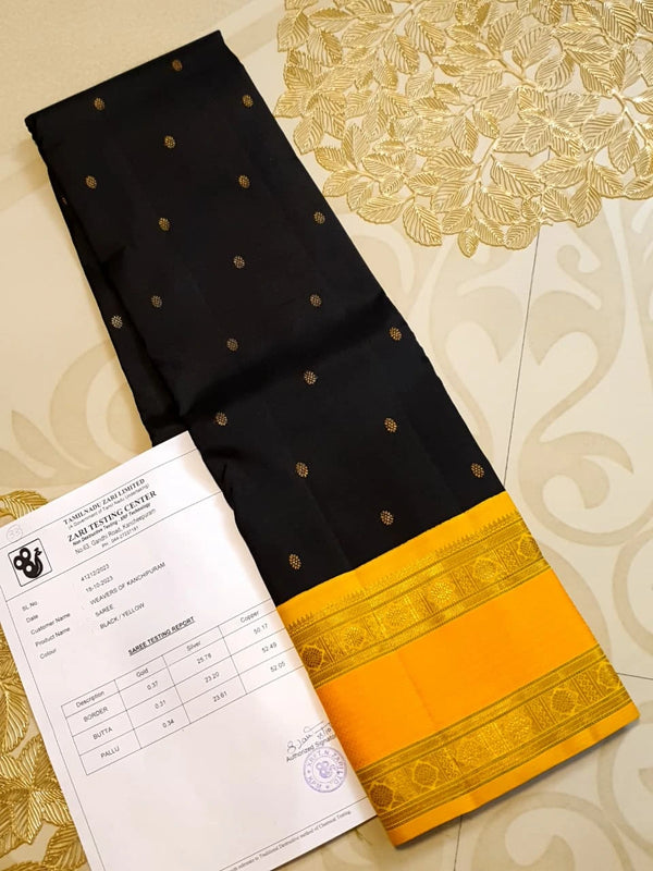 3G Pure Zari Kanjivaram Silk Saree in Black with Mustard Yellow Zari Border & Traditional Gold Zari Buttas | Silkmark Certified